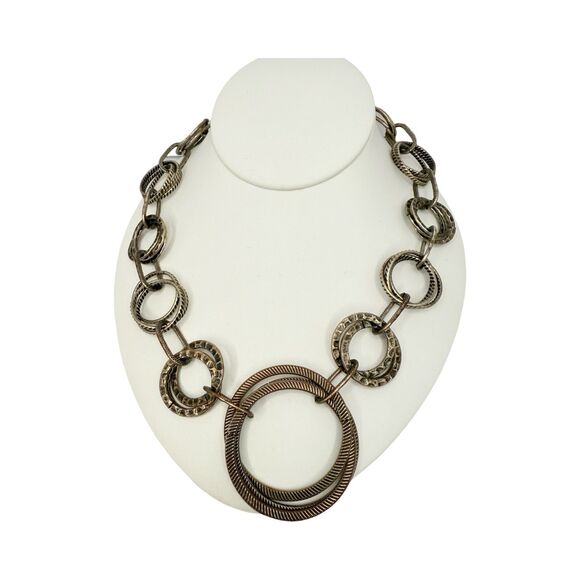 Silver Tone Circle Statement Necklace 26" Gunmetal Chain Link Boho Heavy - Picture 4 of 10